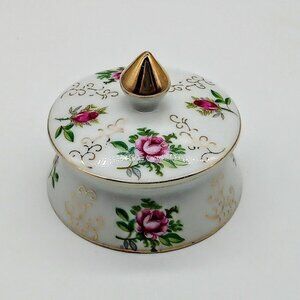 Hand-Painted I. W. Rice & Co. Floral Porcelain Round Trinket Box